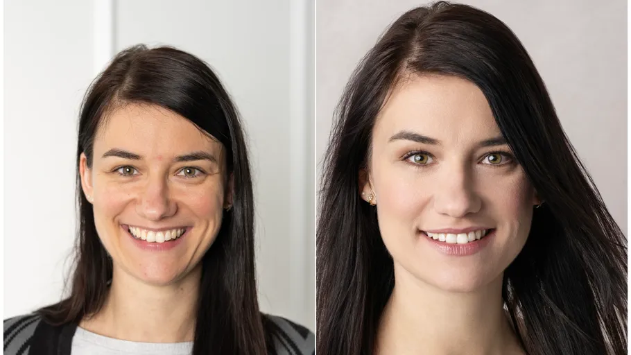 Zwei Frauen lächeln, drinnen, Porträtfotos.