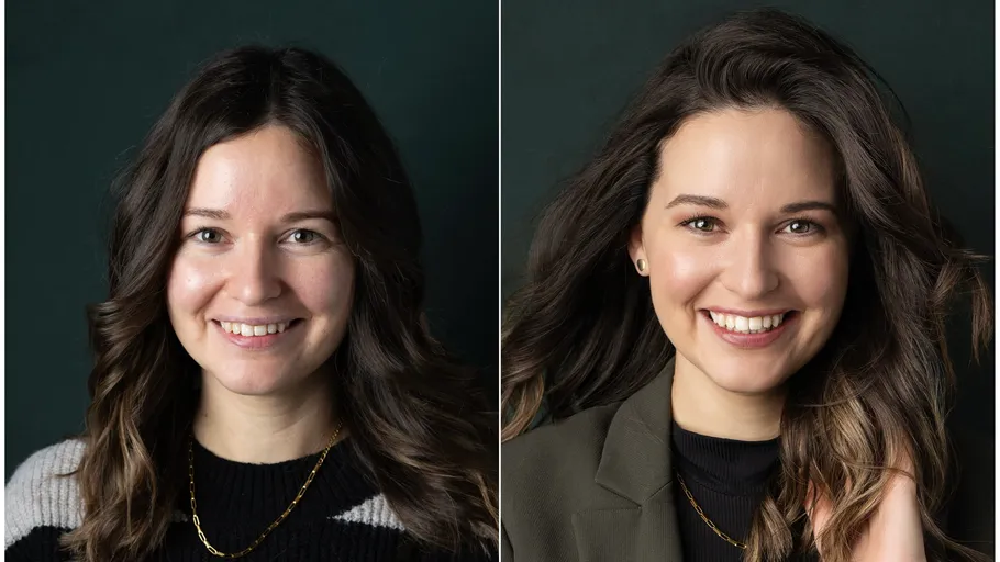 Two women smiling in close-up portraits.