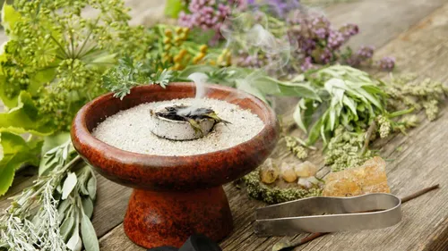 Incense burning in bowl with herbs nearby.