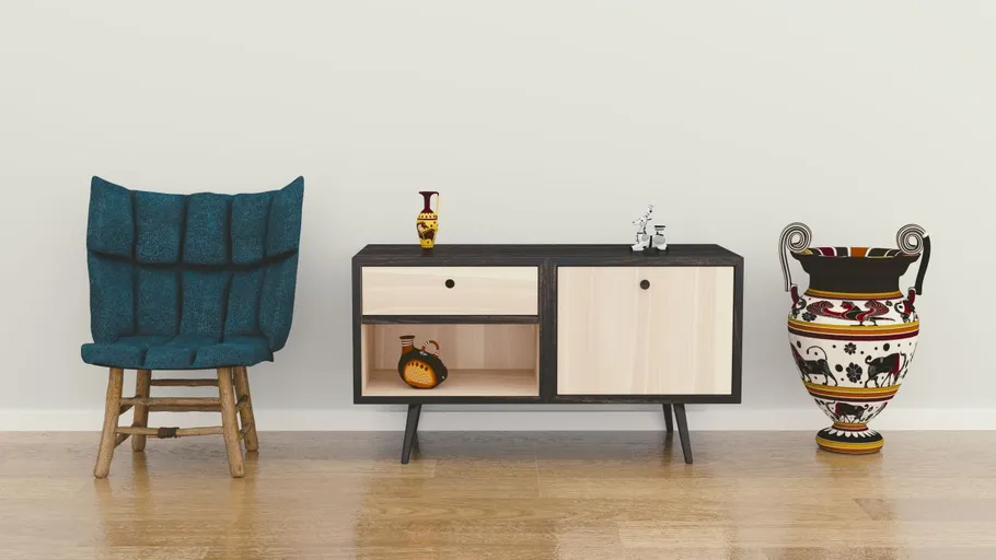 Chair, cabinet, and ornate vase on floor.