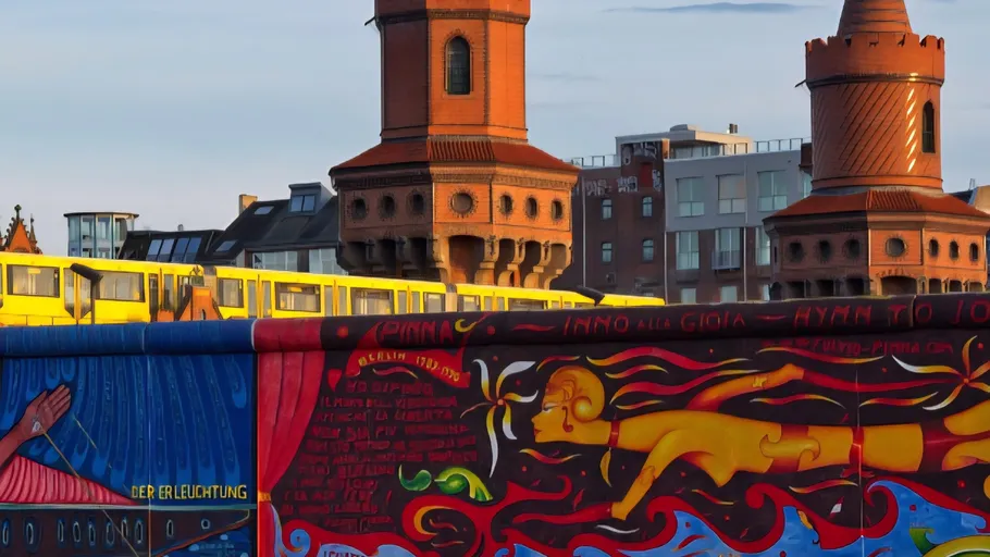 Colorful mural with yellow train, brick towers.
