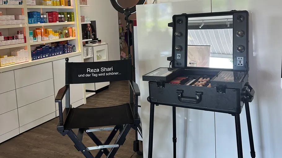 Makeup chair and case in a store.