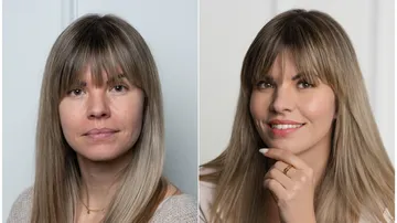 Woman before and after makeup in close-up.