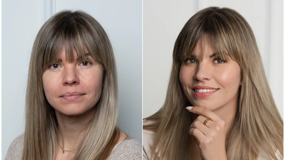Frau vor und nach Make-up in Nahaufnahme.