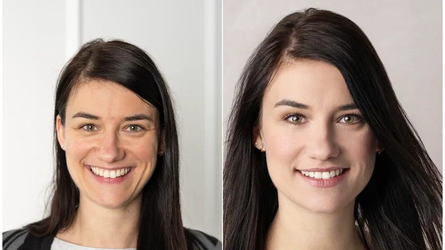 Zwei lächelnde Frauen in einem geteilten Bild.