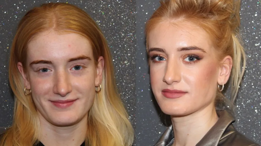 Zwei Frauen mit roten Haaren vor glitzerndem Hintergrund.