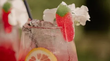 Refreshing drink with lemon and candy garnish.