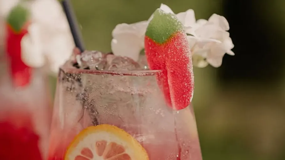 Refreshing drink with lemon and candy garnish.