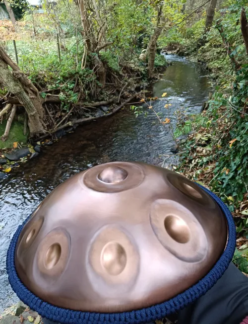 Handpan by a forest stream.