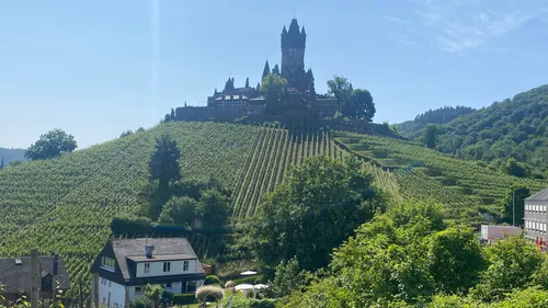 Schloss auf Hügel mit Weinbergen, klarer Himmel.