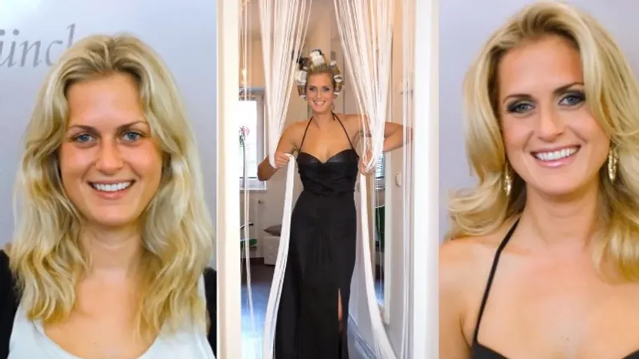 Woman makeup transformation in different stages.