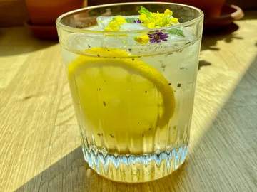Getränk mit Eis und Zitrone auf einem Tisch unter Sonnenlicht.